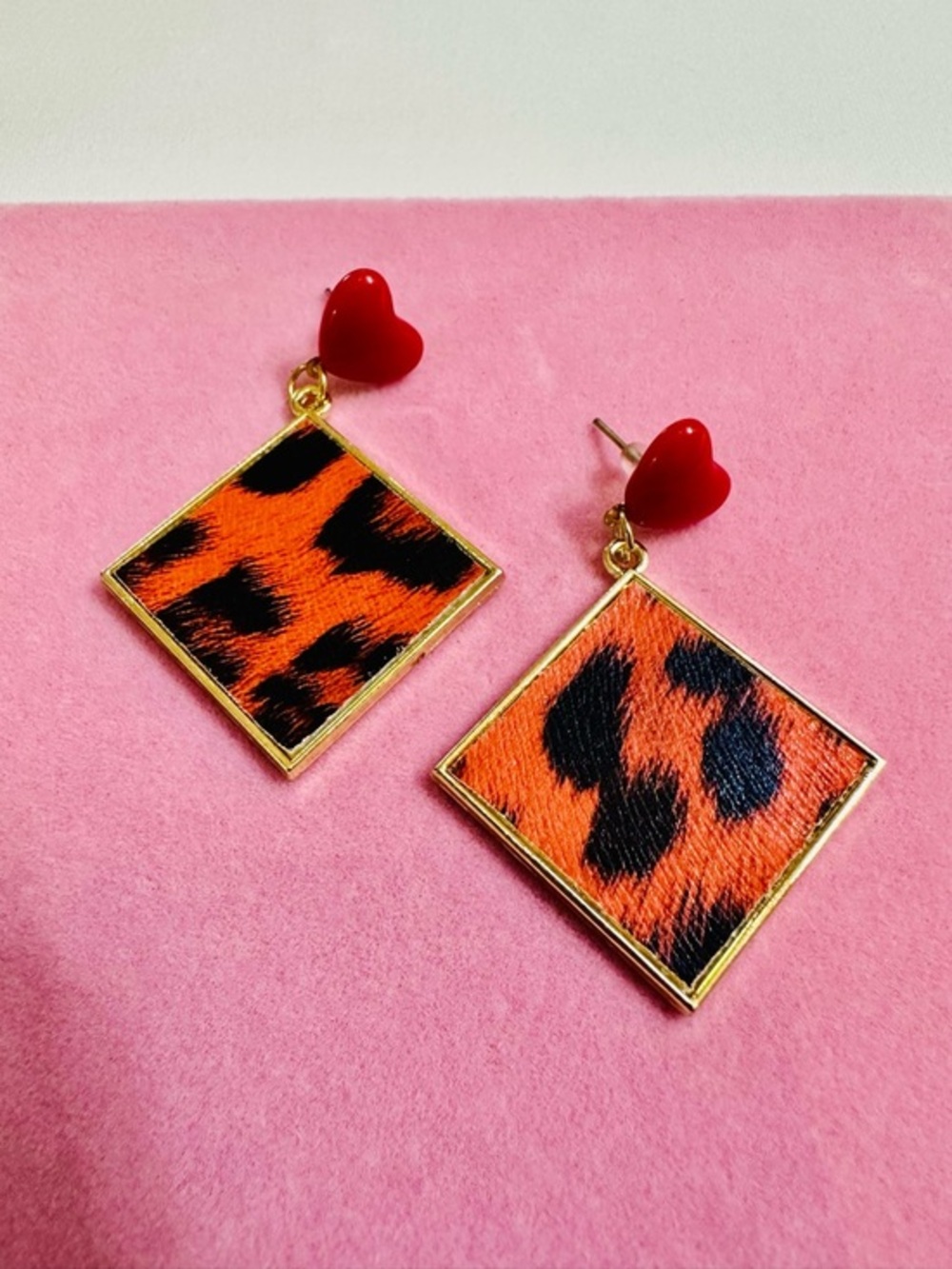 Red Heart Leopard Print Drop Earrings
